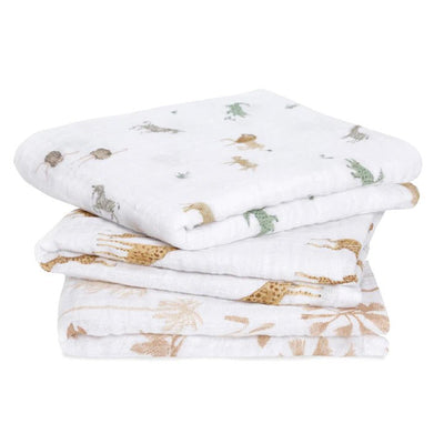 Bambinista-ADEN + ANAIS-Blankets-ADEN + ANAIS Organic Cotton Muslin Squares 3 Pack 70cm x 70cm - Safari Dreams