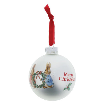Bambinista-ENESCO-Decor-PETER RABBIT and Flopsy Holding Holly Wreath Bauble