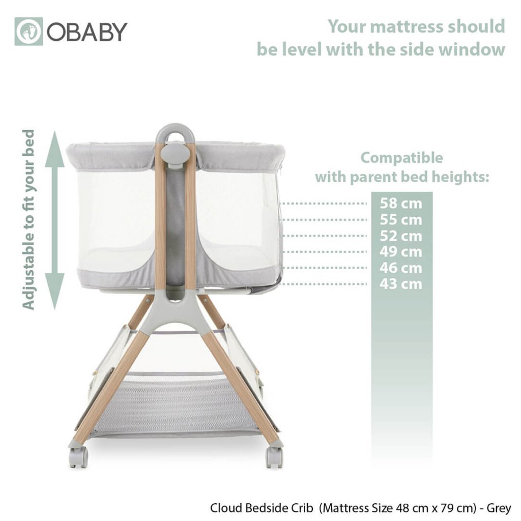 Bambinista - OBABY - Furniture - OBABY Cloud Bedside Crib - Grey