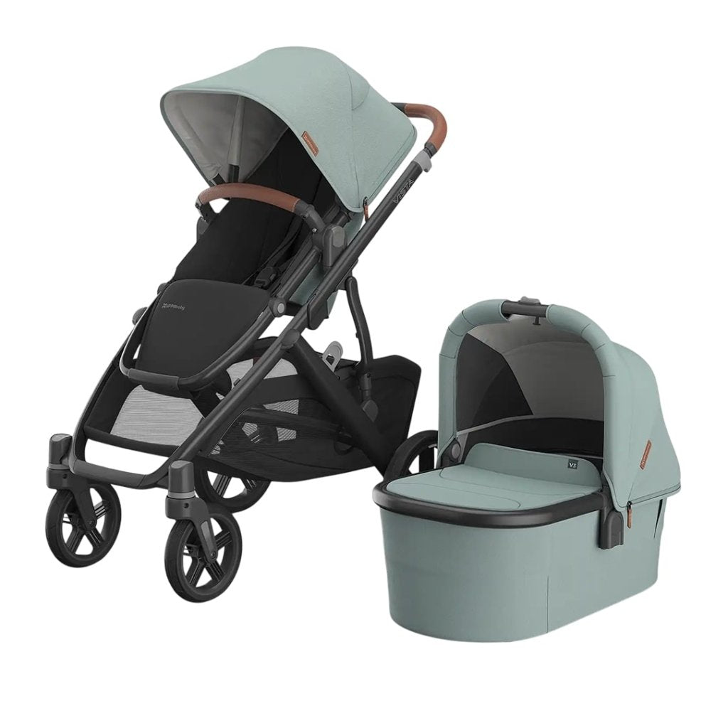 Bambinista - UPPABABY - Travel - UPPABABY VISTA V3 Pushchair with Bassinet - Mystic Aqua | Carbon Frame | Saddle Leather (Kenzi)