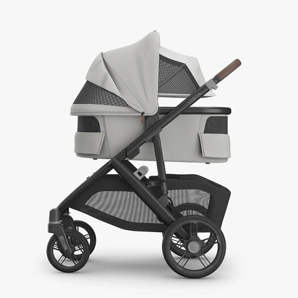 Bambinista - UPPABABY - Travel - UPPABABY VISTA V3 Pushchair with Bassinet - Pearl Gray Jacquard | Carbon Frame | Chestnut Leather (Savannah)