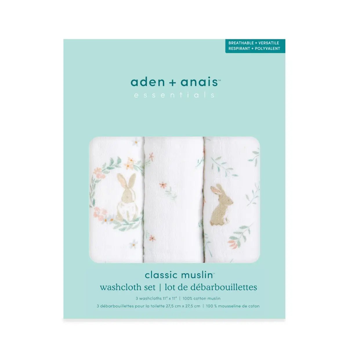 Bambinista-ADEN + ANAIS-Towels-ADEN + ANAIS Essentials Cotton Muslin Washcloths 3 Pack - Blushing Bunnies