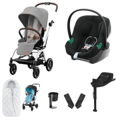 Bambinista-CYBEX-Travel-CYBEX Eezy S Twist+2 Travel System Black Frame Comfort Bundle with Aton B2 I-SIZE and Snogga Footmuff - Lava Grey
