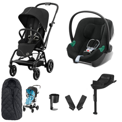 Bambinista-CYBEX-Travel-CYBEX Eezy S Twist+2 Travel System Black Frame Comfort Bundle with Aton B2 I-SIZE and Snogga Footmuff - Moon Black