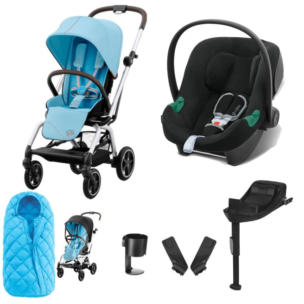 Bambinista-CYBEX-Travel-CYBEX Eezy S Twist+2 Travel System Silver Frame Comfort Bundle with Aton B2 I-SIZE and Snogga Footmuff - Beach Blue