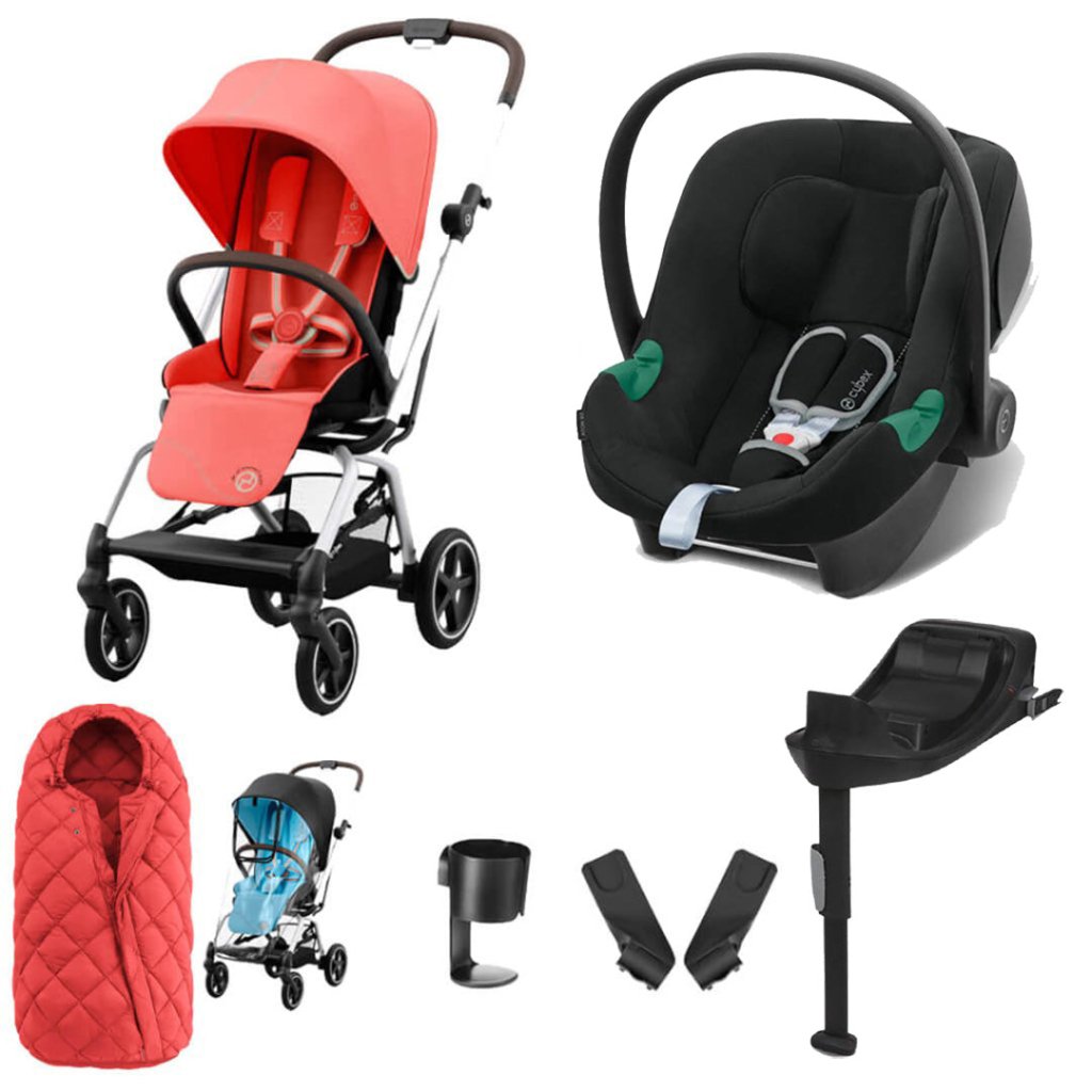 Bambinista-CYBEX-Travel-CYBEX Eezy S Twist+2 Travel System Silver Frame Comfort Bundle with Aton B2 I-SIZE and Snogga Footmuff - Hibiscus Red