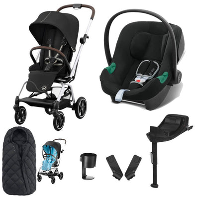 Bambinista-CYBEX-Travel-CYBEX Eezy S Twist+2 Travel System Silver Frame Comfort Bundle with Aton B2 I-SIZE and Snogga Footmuff - Moon Black