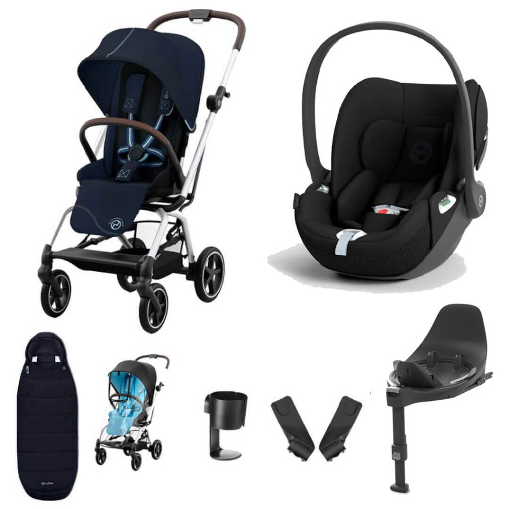 Bambinista-CYBEX-Travel-CYBEX Eezy S Twist+2 Travel System Silver Frame Luxury Bundle CLOUD T I-SIZE and Base with Gold Footmuff - Ocean Blue