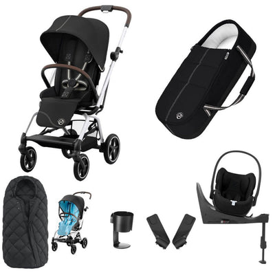 Bambinista-CYBEX-Travel-CYBEX Eezy S Twist+2 Travel System Silver Frame Luxury Bundle CLOUD T I-SIZE and Base with Snogga Footmuff - Moon Black
