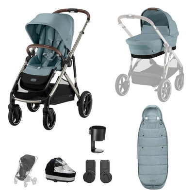 Bambinista-CYBEX-Travel-CYBEX Gazelle S Essential Pushchair Bundle with Gold Footmuff (8 Piece) - Sky Blue