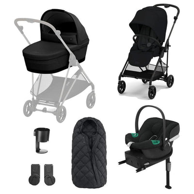 Bambinista-CYBEX-Travel-Cybex Melio Carbon Travel System (7 Piece) Comfort Bundle With Aton B2 I-SIZE - Moon Black (2023 New Generation)