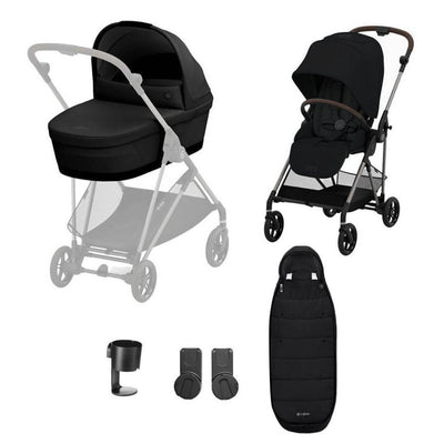 Bambinista-CYBEX-Travel-Cybex Melio Travel System (5 Piece) Essential Bundle with Gold Footmuff - Moon Black