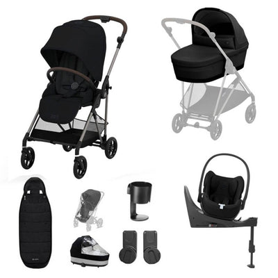 Bambinista-CYBEX-Travel-CYBEX Melio Travel System (7 Piece) Luxury Bundle With CLOUD T I-SIZE and Gold Footmuff - Moon Black