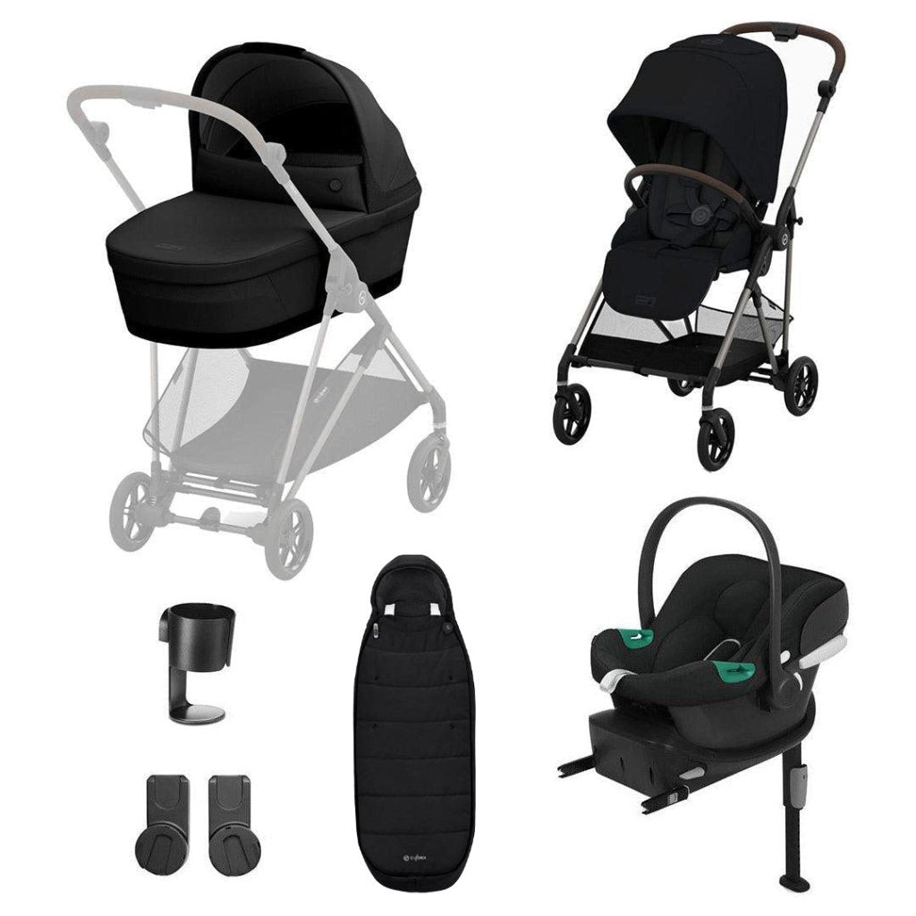 Bambinista-CYBEX-Travel-Cybex Melio Travel System Comfort Bundle with ATON B2 I-SIZE and Gold Footmuff - Moon Black