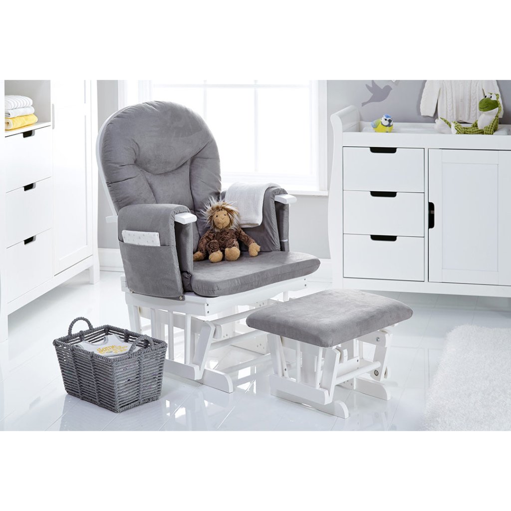 Bambinista-OBABY-Home-OBABY Reclining Glider Chair and Stool - White with Grey Cushion