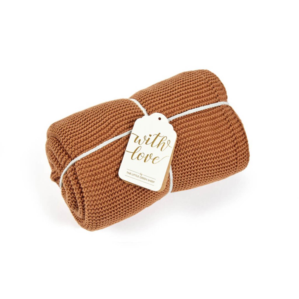 Bambinista-THE LITTLE GREEN SHEEP-Blankets-THE LITTLE GREEN SHEEP Organic Knitted Cellular Baby Blanket - Terracotta