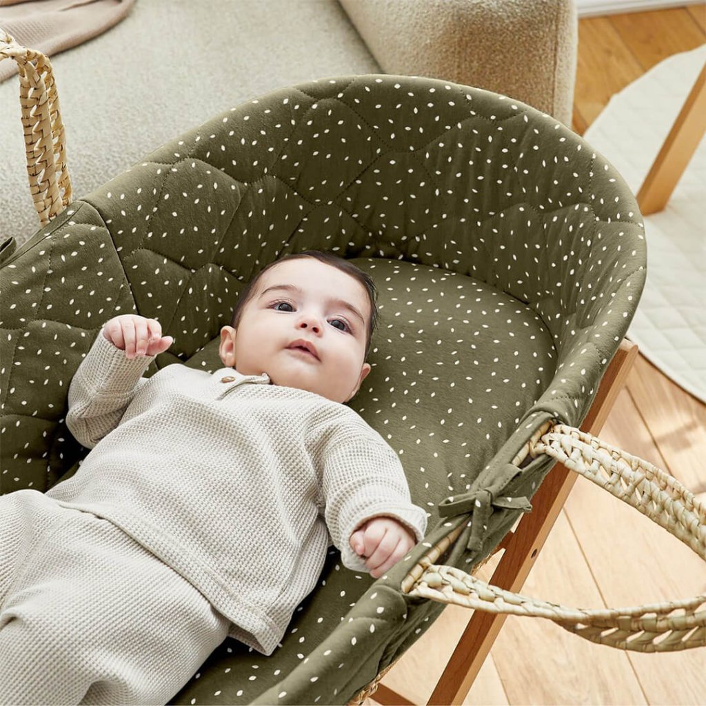Bambinista-THE LITTLE GREEN SHEEP-Bedding-THE LITTLE GREEN SHEEP Quilted Moses Basket and Static Stand Bundle - Juniper Rice