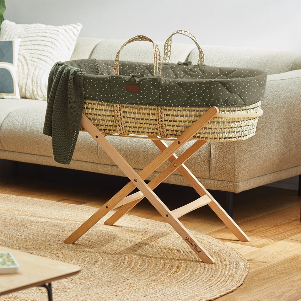 Bambinista-THE LITTLE GREEN SHEEP-Bedding-THE LITTLE GREEN SHEEP Quilted Moses Basket and Static Stand Bundle - Juniper Rice