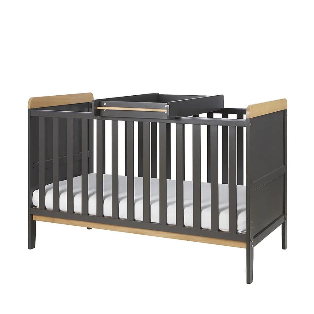Bambinista-TUTTI BAMBINI-Travel-TUTTI BAMBINI Rio Cot Bed with Cot Top Changer & Mattress - Slate Grey/Oak